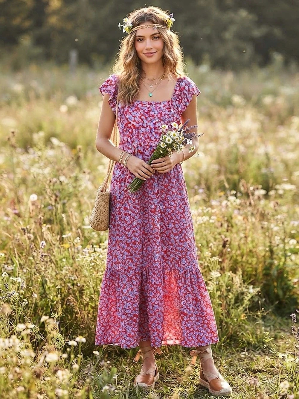 ZARA Red Floral Square Neck Ruffle Flutter Sleeve Maxi Floral Cottagecore Dress